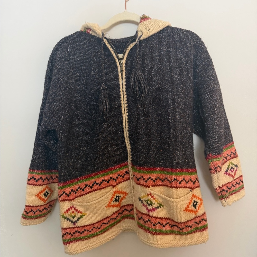 Vintage Wool Knit Hoodie Cardigan Boho Geometric Medium